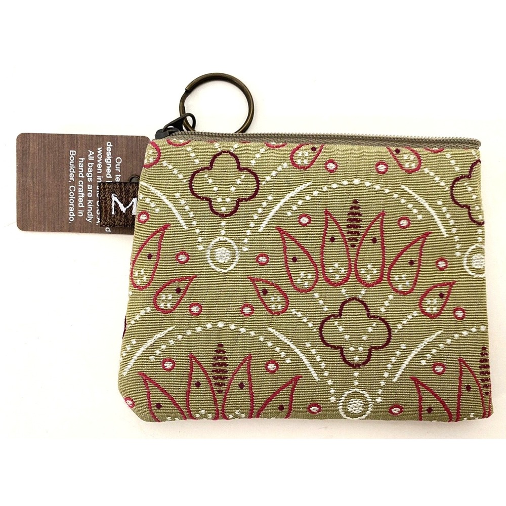 Maruca Design Handmade Woven Coin Purse Keyring Olive Green Paisley Floral NWT